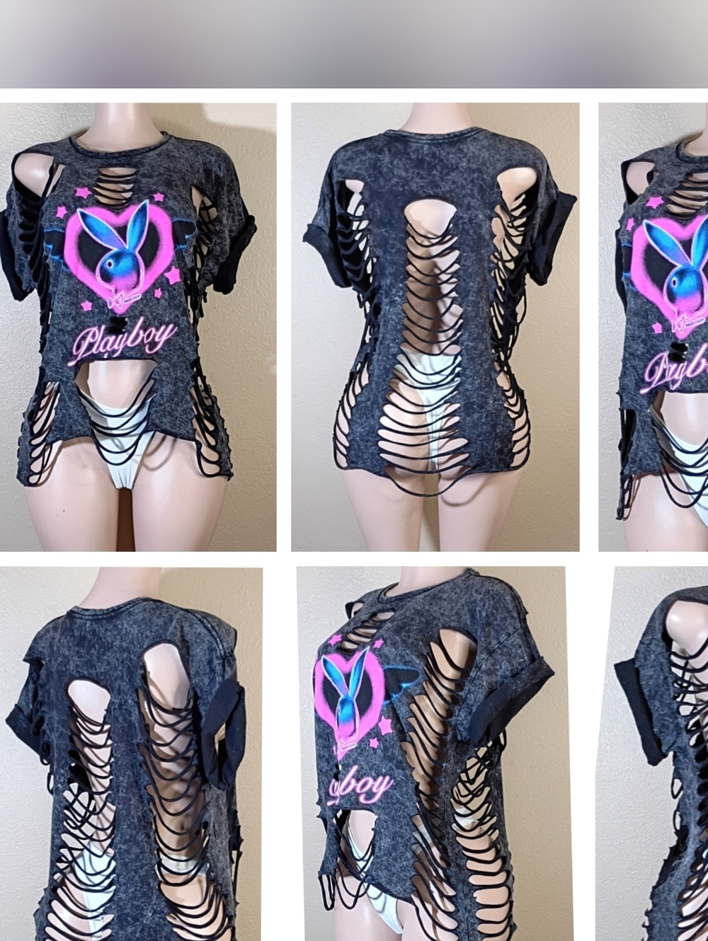 PLAYBOY Black Acid-Wash Custom Distressed Tee with Neon Pink & Blue Bunny